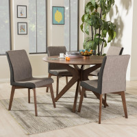 Baxton Studio Kimberly-Brown/Walnut 5PC Dining Set Kimberly Mid-Century Modern Walnut Wood Round 5-Piece Dining Set